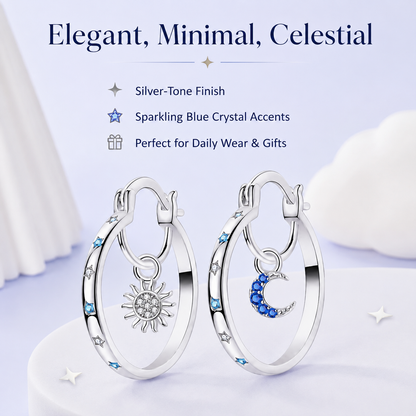 🌙 Celestial Sun & Moon Hoop Earrings – Dreamy Silver Blue Elegance
