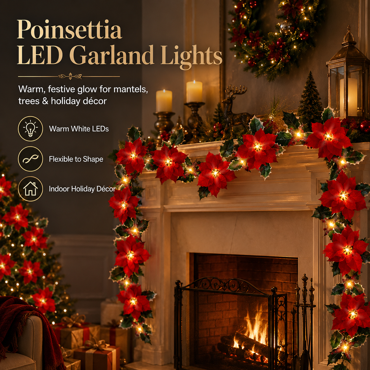 Poinsettia LED Garland Lights for Christmas Décor