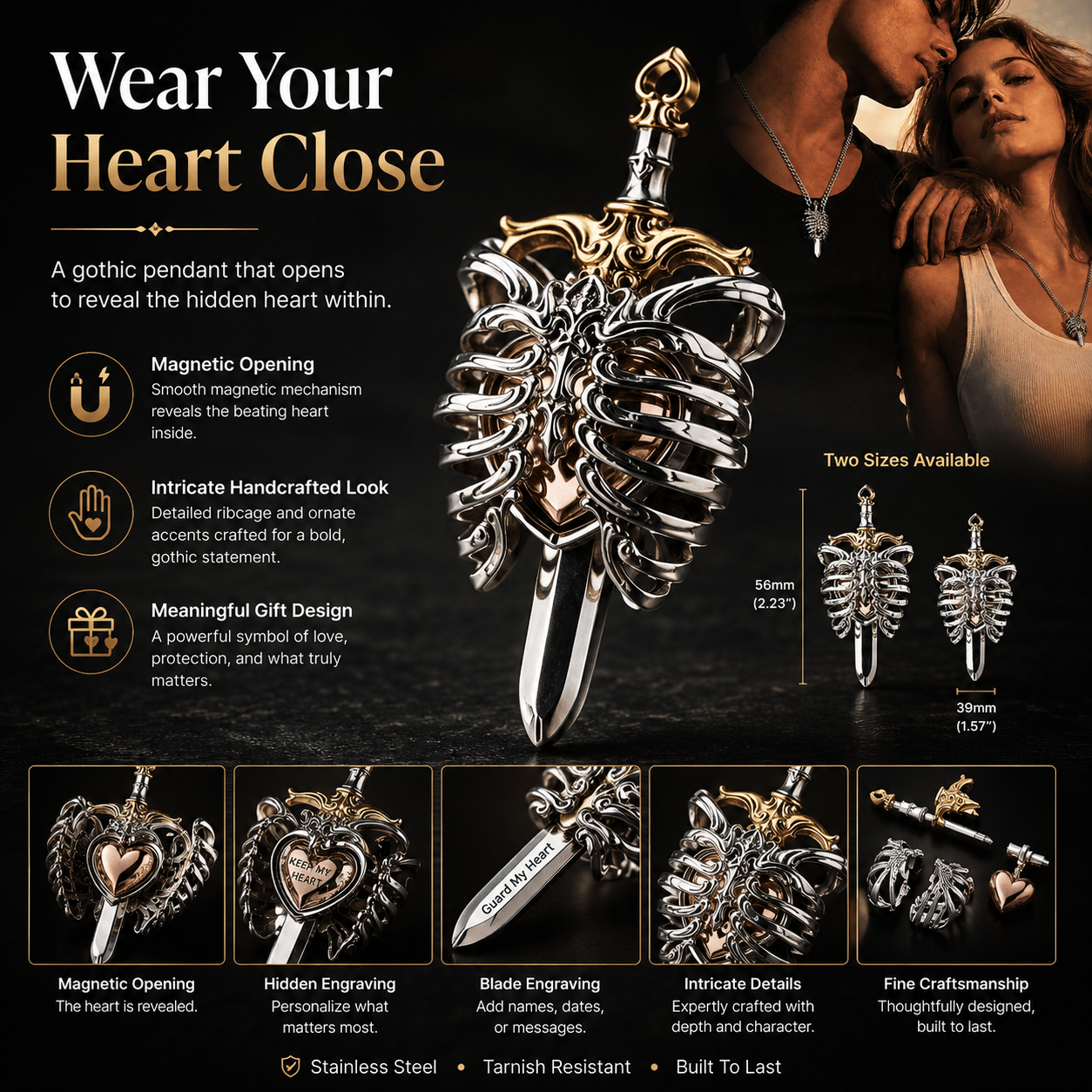 Personalized beating heart and ribcage pendant