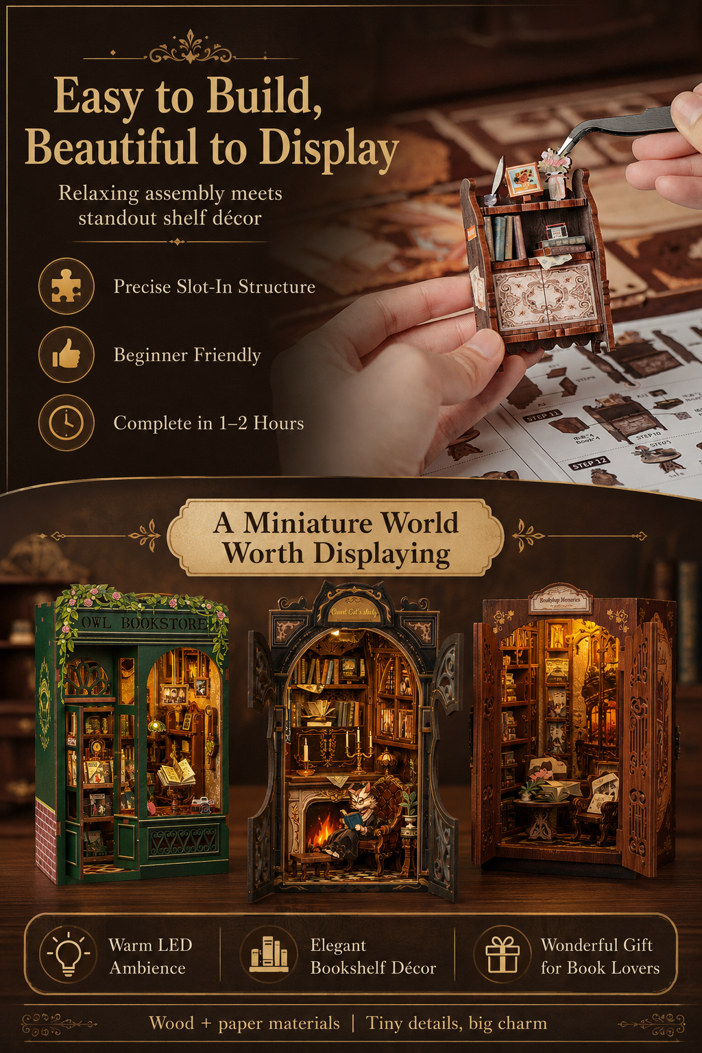 DIY Miniature Book Nook Kit with LED Lights