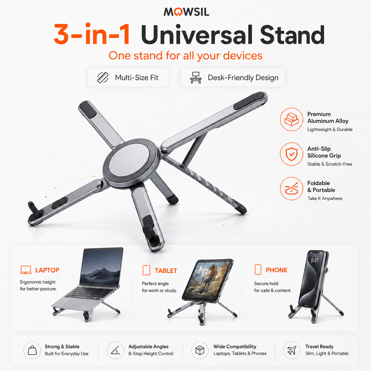 3-in-1 Universal Laptop, Tablet & Phone Stand