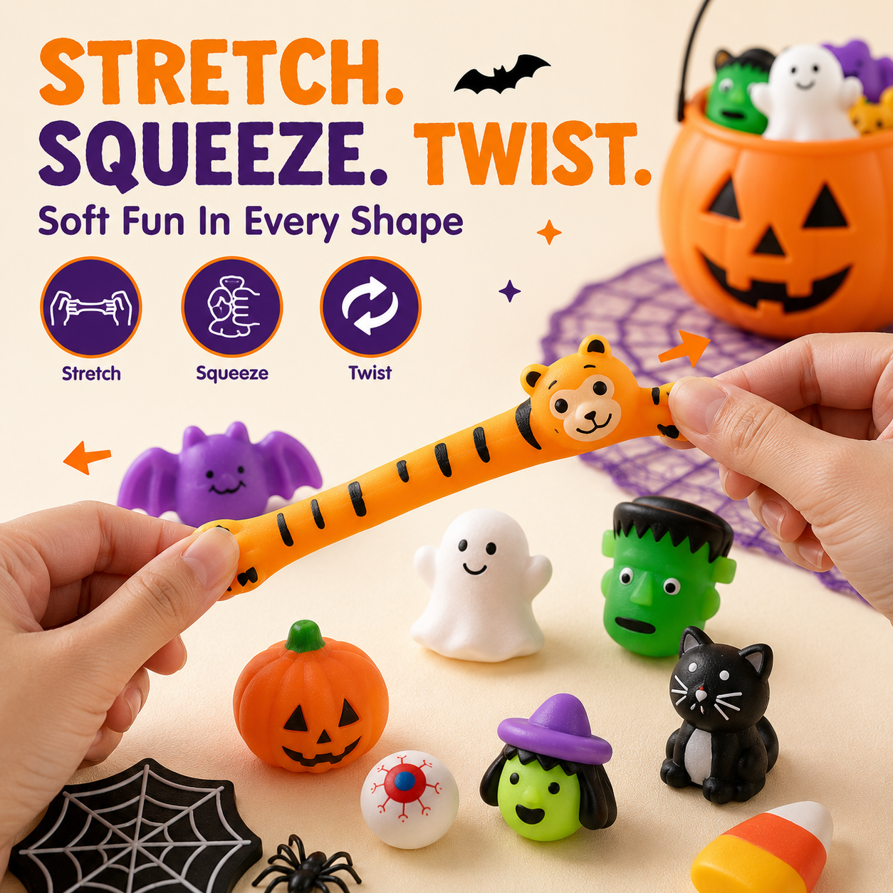 🎃 100PCS Halloween Mochi Squishy Toys – Cute Sensory Party Favors & Goodie Bag Fillers ✨