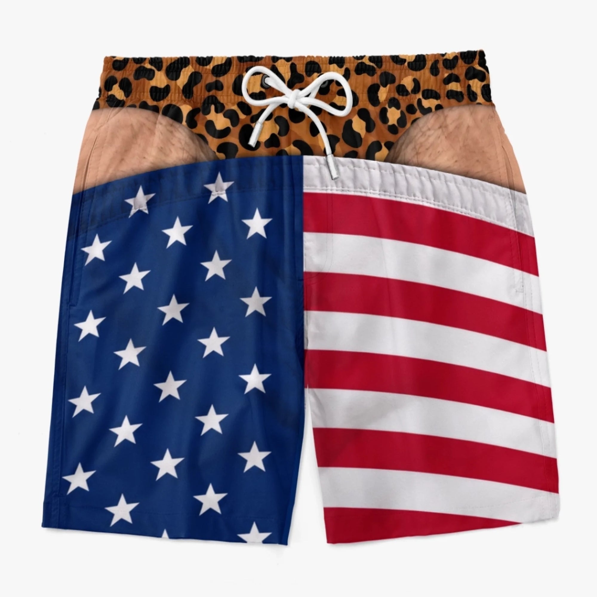 Front view of patriotic funny swim trunks