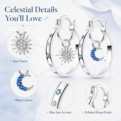 🌙 Celestial Sun & Moon Hoop Earrings – Dreamy Silver Blue Elegance