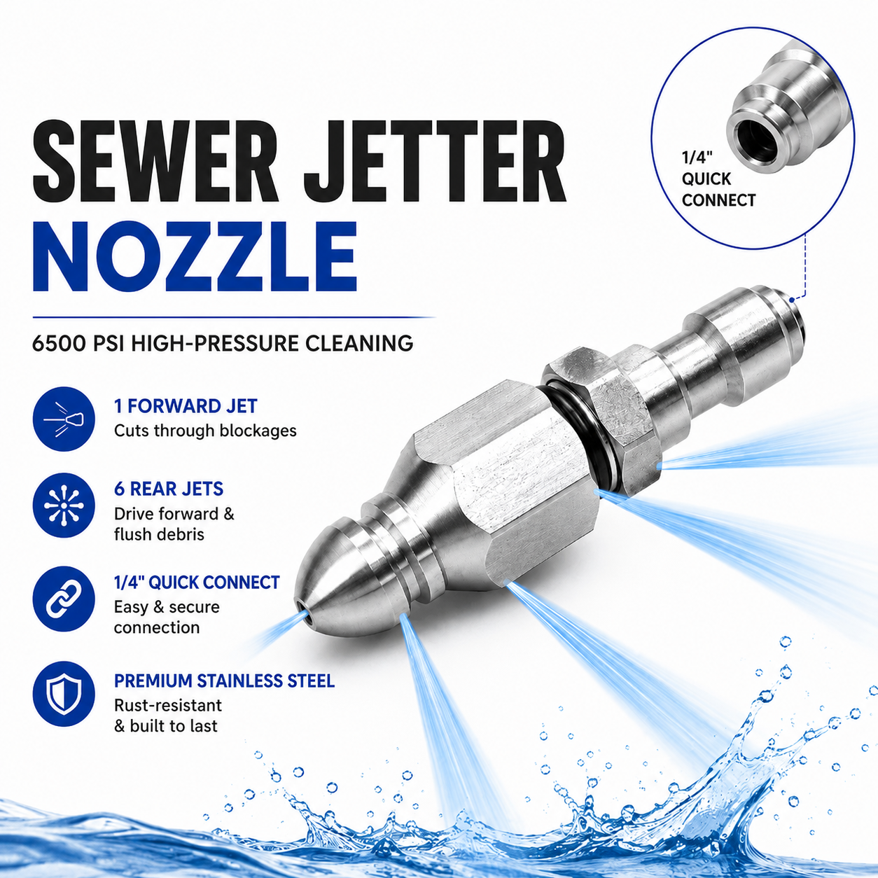 🚿 6500 PSI Sewer Jetter Nozzle – 1/4" Quick Connect Drain Cleaning Attachment