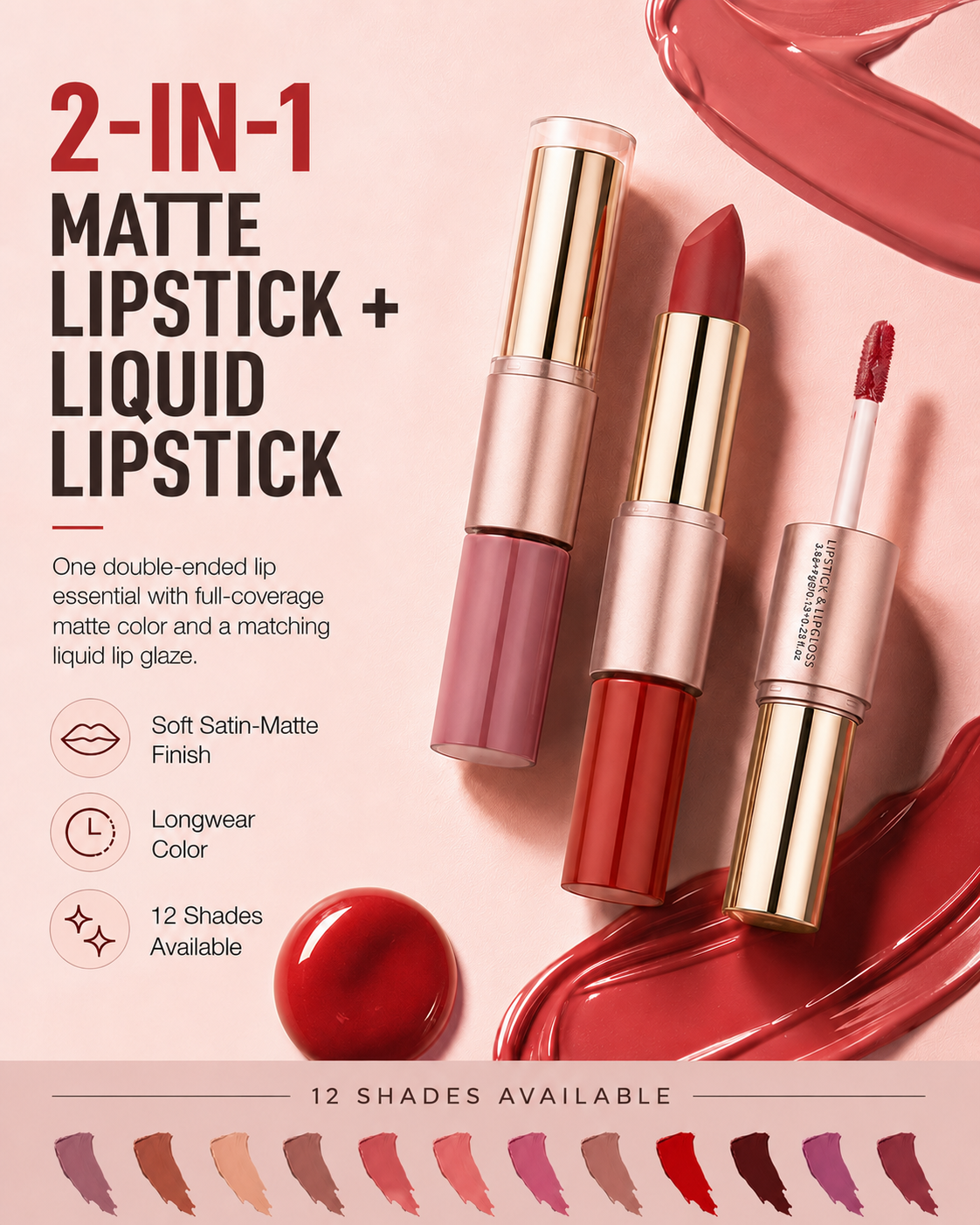 2-in-1 Matte Lipstick & Liquid Lip Glaze | 12 Longwear Shades