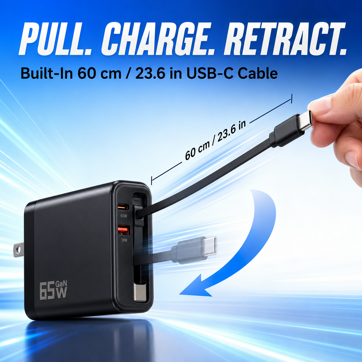 65W GaN Retractable USB-C Travel Charger | 3-in-1