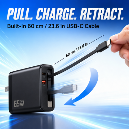 65W GaN Retractable USB-C Travel Charger | 3-in-1