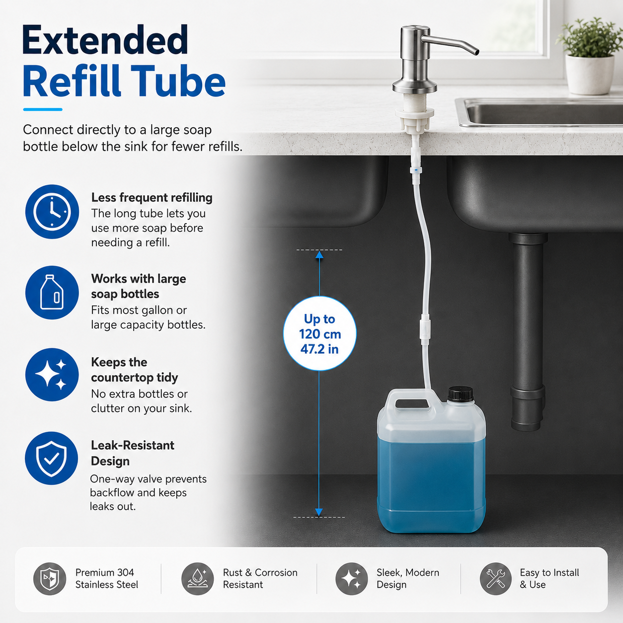 Stainless Steel Sink Soap Dispenser with Refill Tube