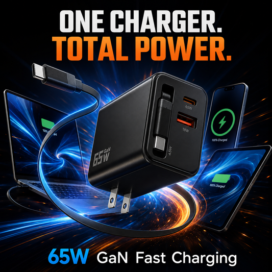 65W GaN Retractable USB-C Travel Charger | 3-in-1
