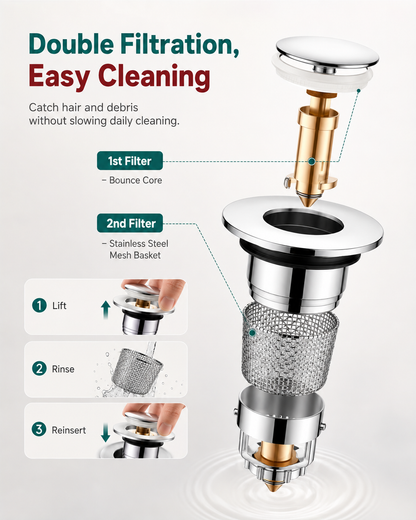 Upgraded Pop-Up Sink Drain Filter with Hair Catcher