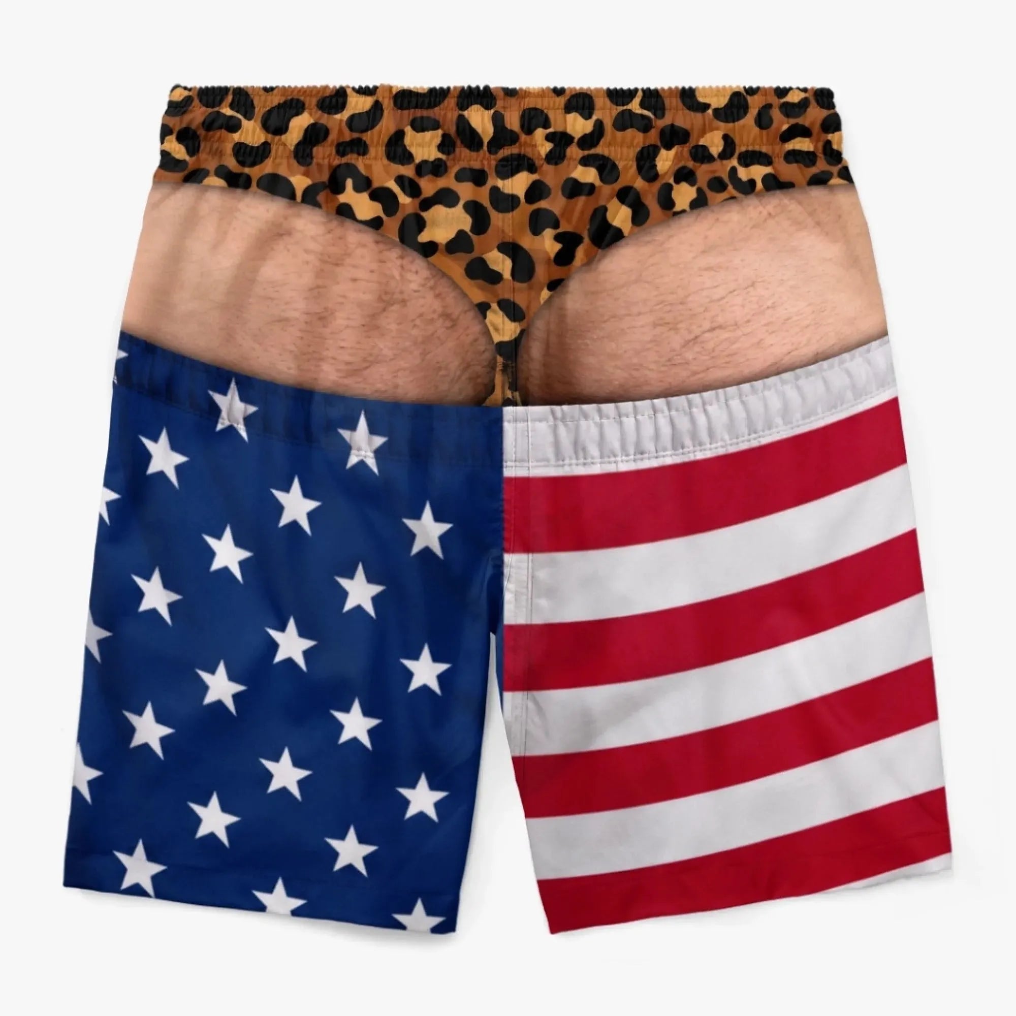 Back view of patriotic funny swim trunks