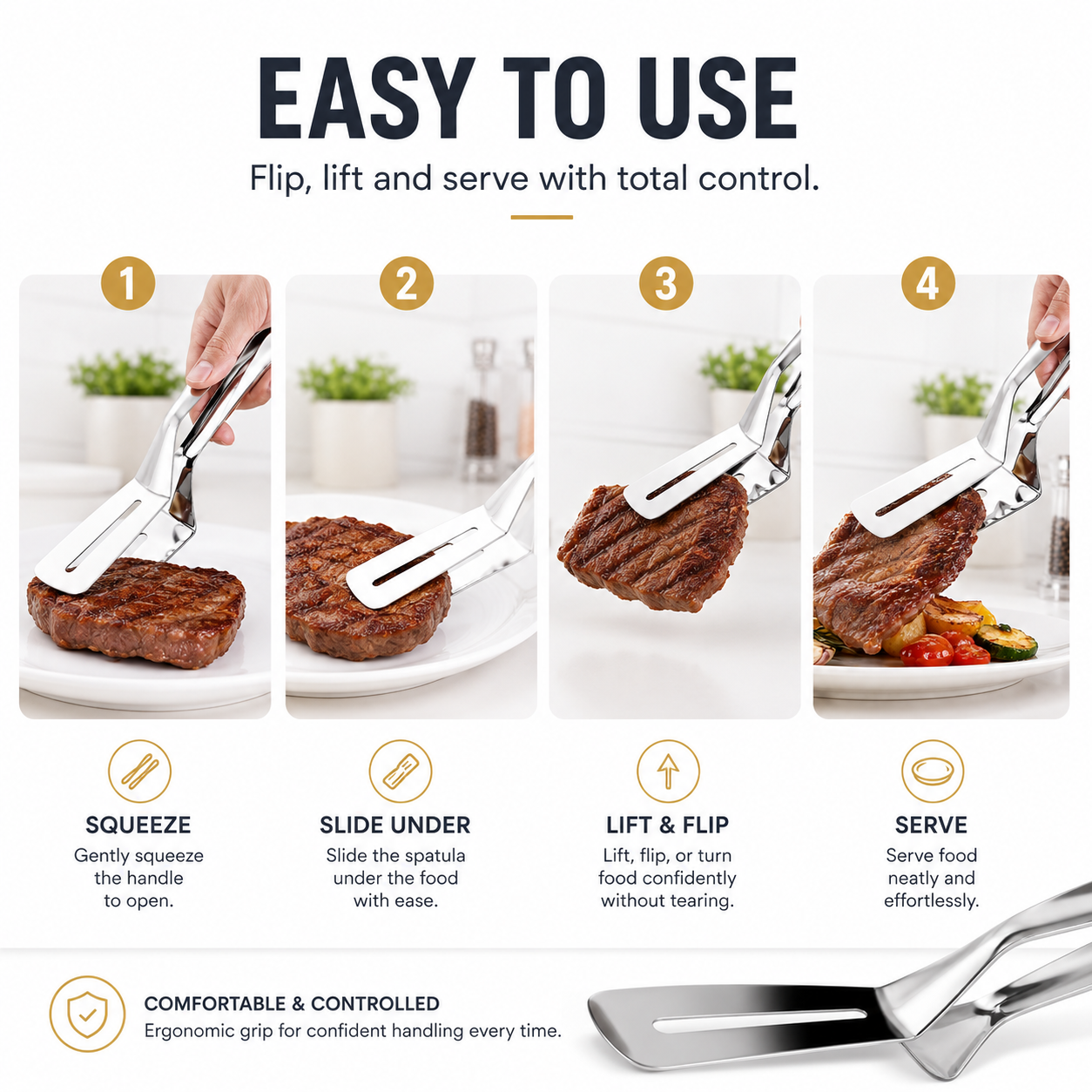 2-in-1 Stainless Steel Spatula Tongs | Flip, Grip & Serve