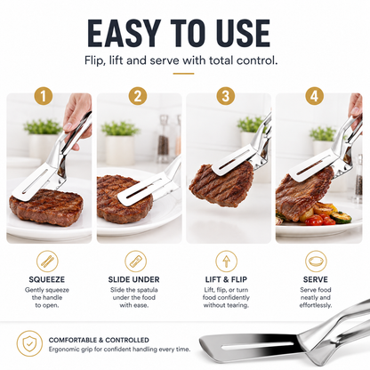 2-in-1 Stainless Steel Spatula Tongs | Flip, Grip & Serve