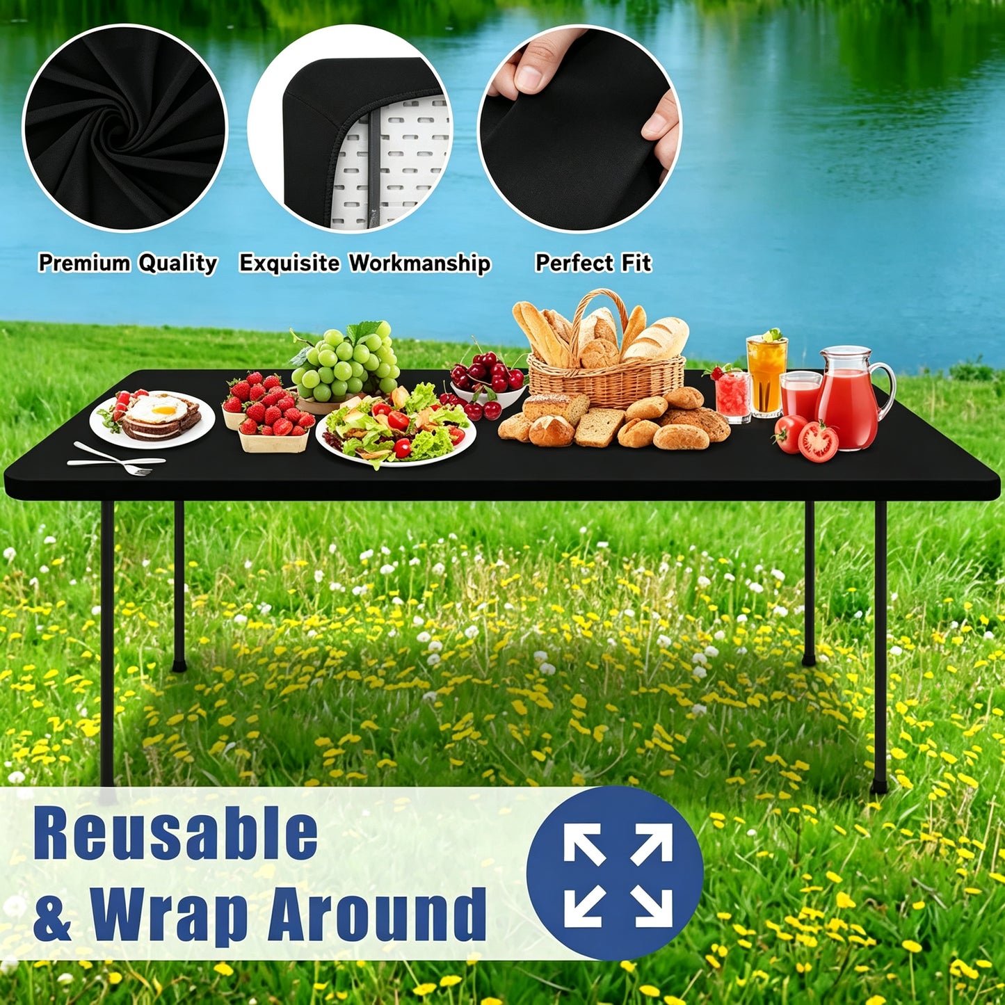 Stretch Fabric Table Top Cap Cover – Elastic Edge, Waterproof & Reusable