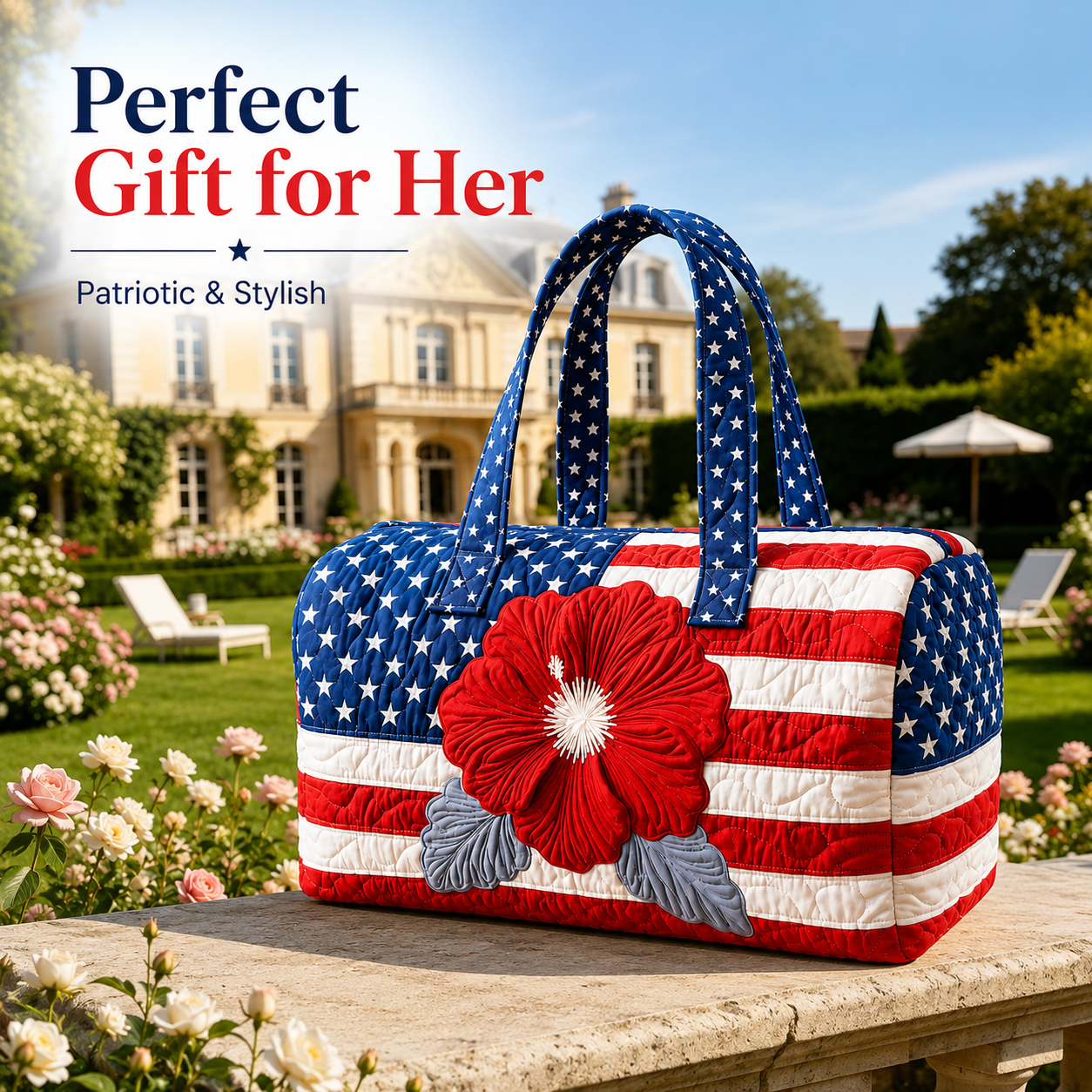 🔥Limited time 55% OFF 🇺🇸🧵 Handcrafted Patriotic Quilted Tote Bag – 3D Floral American Flag Travel Duffel