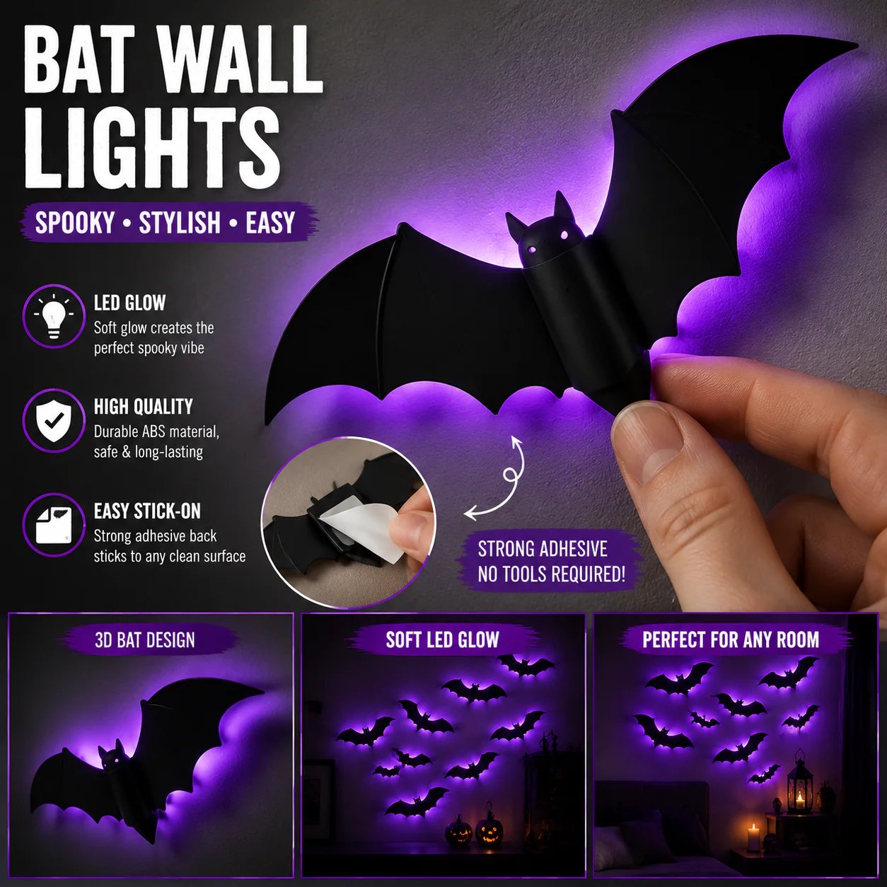 Halloween decorative items - 3D black bat wall stickers with LED lights