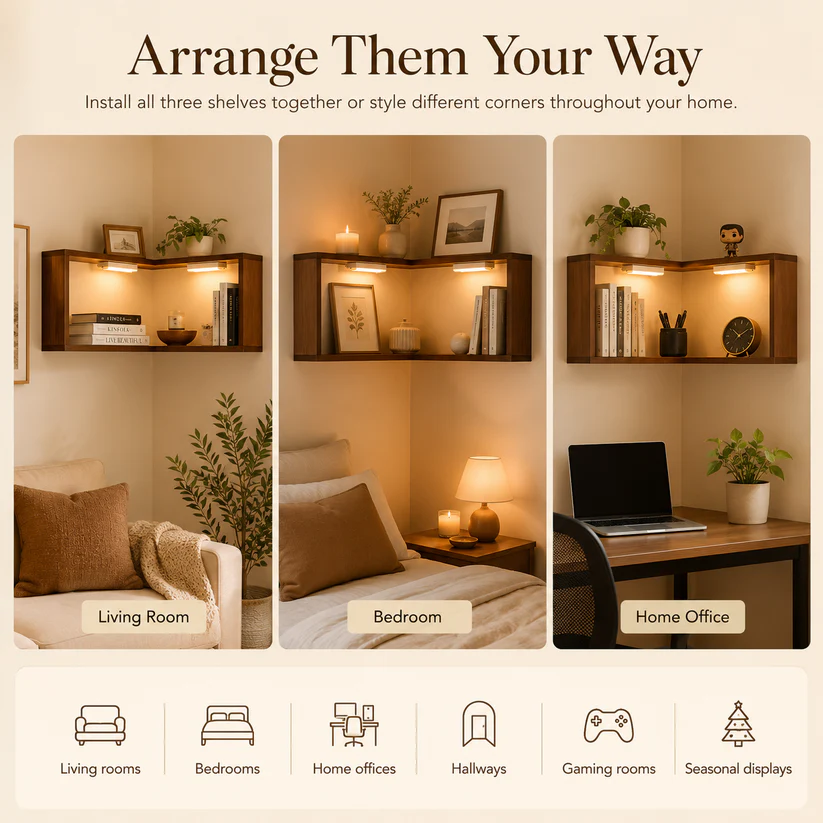 🔥 Last Day 49% OFF✨️Wooden Corner Wall Shelf with Built-in Lights