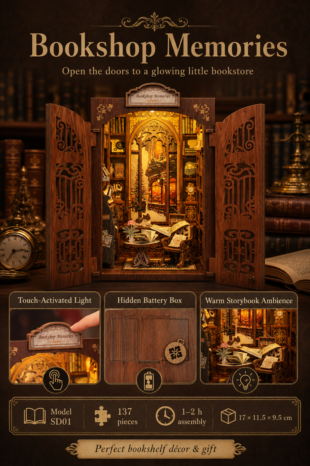 DIY Miniature Book Nook Kit with LED Lights