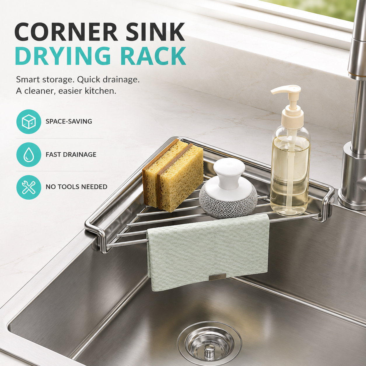 Stainless Steel Corner Sink Drying Rack | Space-Saving Organizer