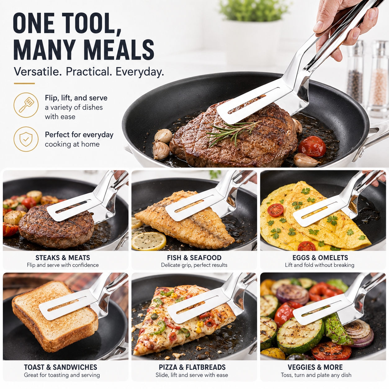 2-in-1 Stainless Steel Spatula Tongs | Flip, Grip & Serve