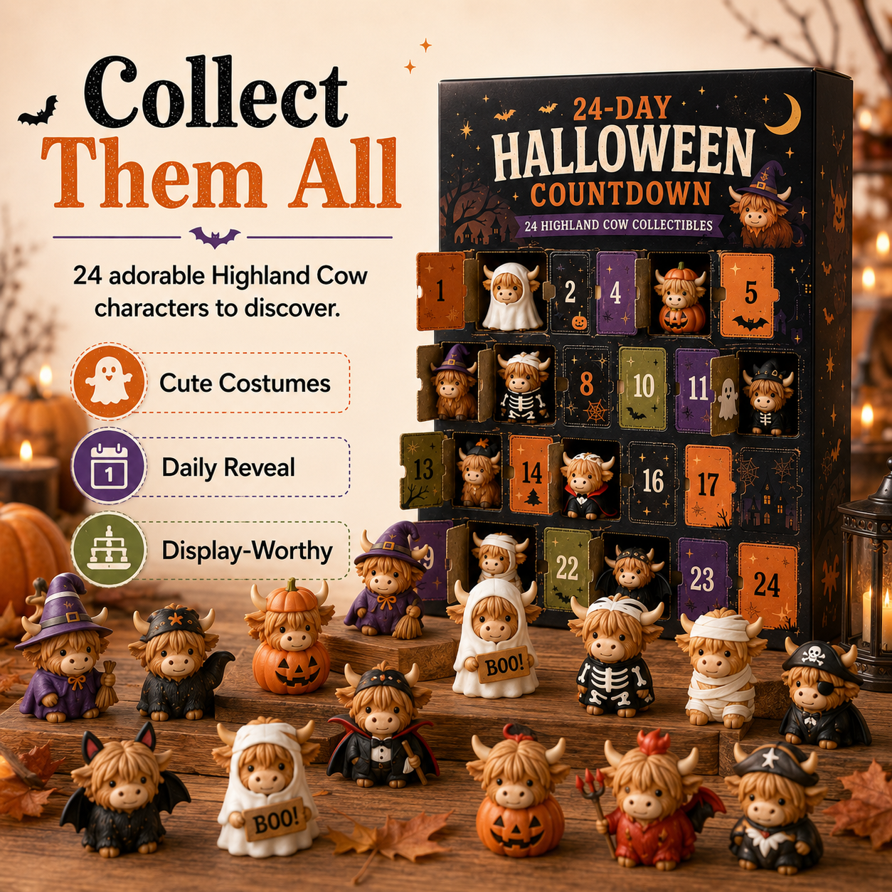 24-Day Halloween Countdown Calendar | Highland Cow Flat Figures
