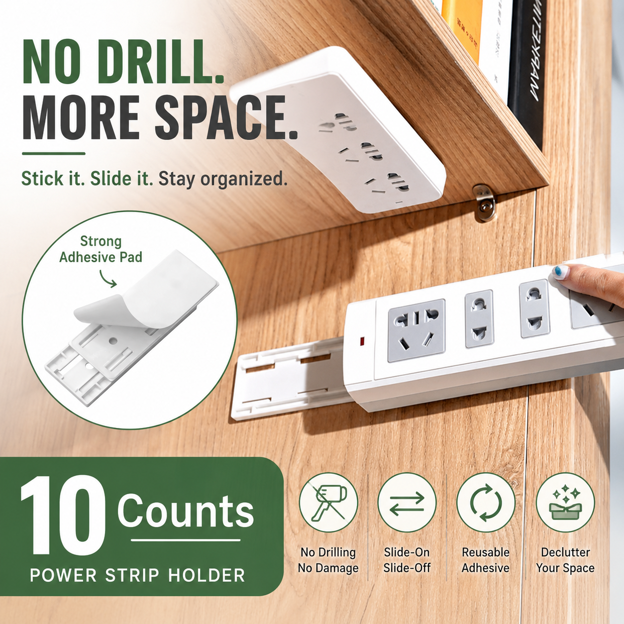 🔌10 Counts   Punch-Free Power Strip Holder – Peel, Stick & Organize