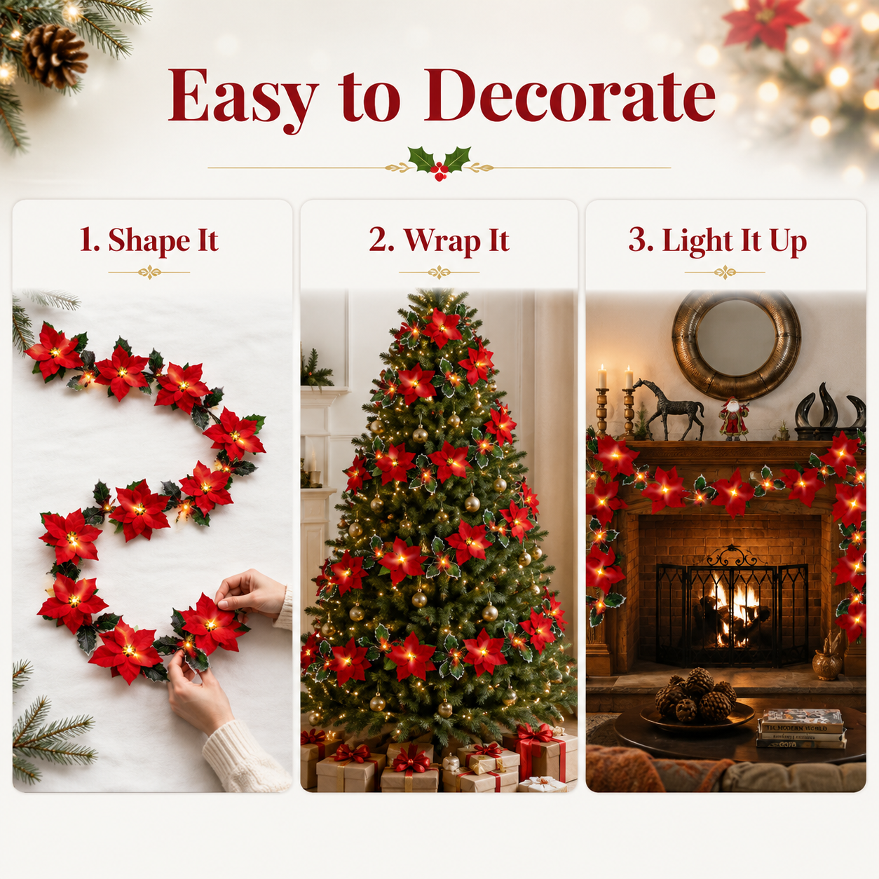 Poinsettia LED Garland Lights for Christmas Décor