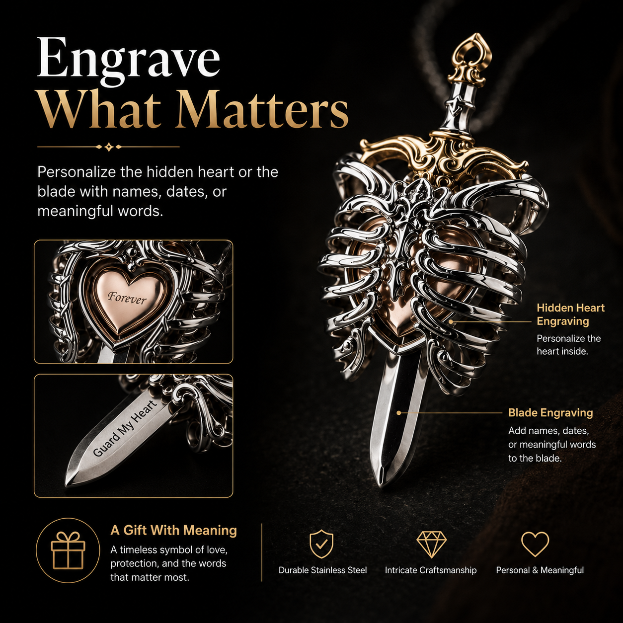 Personalized beating heart and ribcage pendant