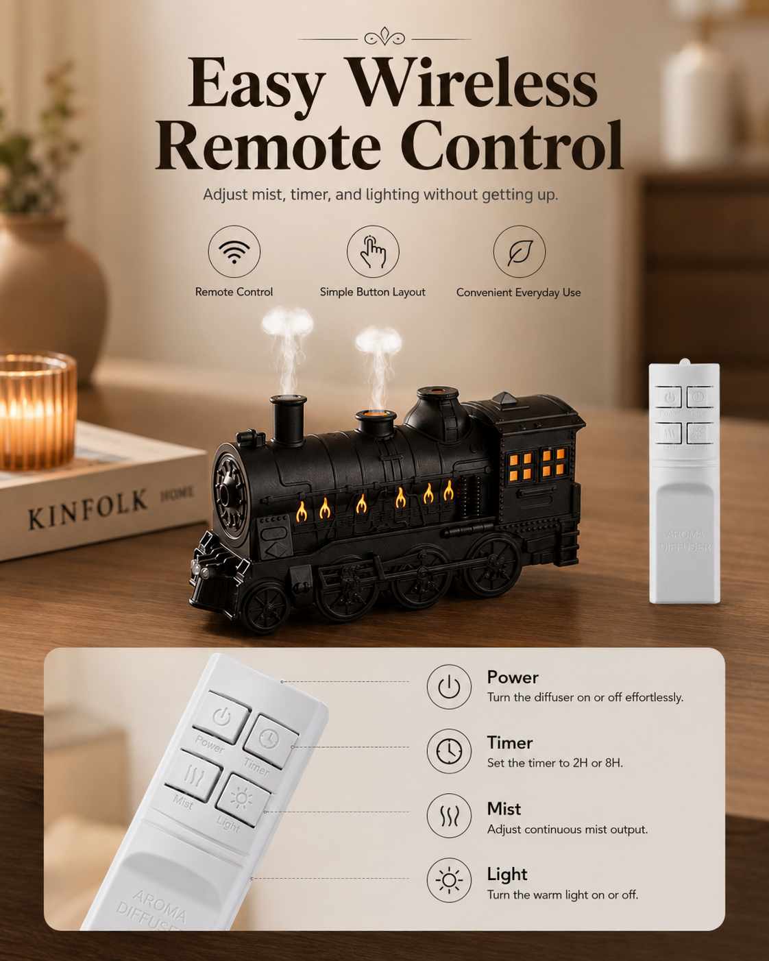 Vintage Train Aroma Diffuser with Jellyfish Mist & Remote Control