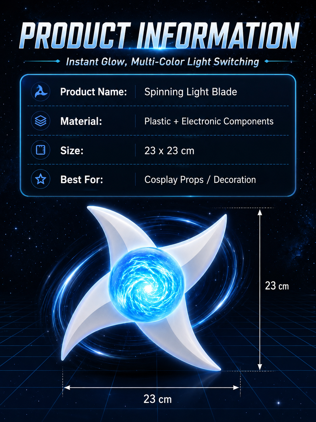 LED Spinning Light Blade – 7-Color Cosplay Prop