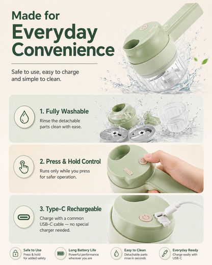 ✨ Cordless 4-in-1 Food Chopper | Chop, Slice, Peel & Clean
