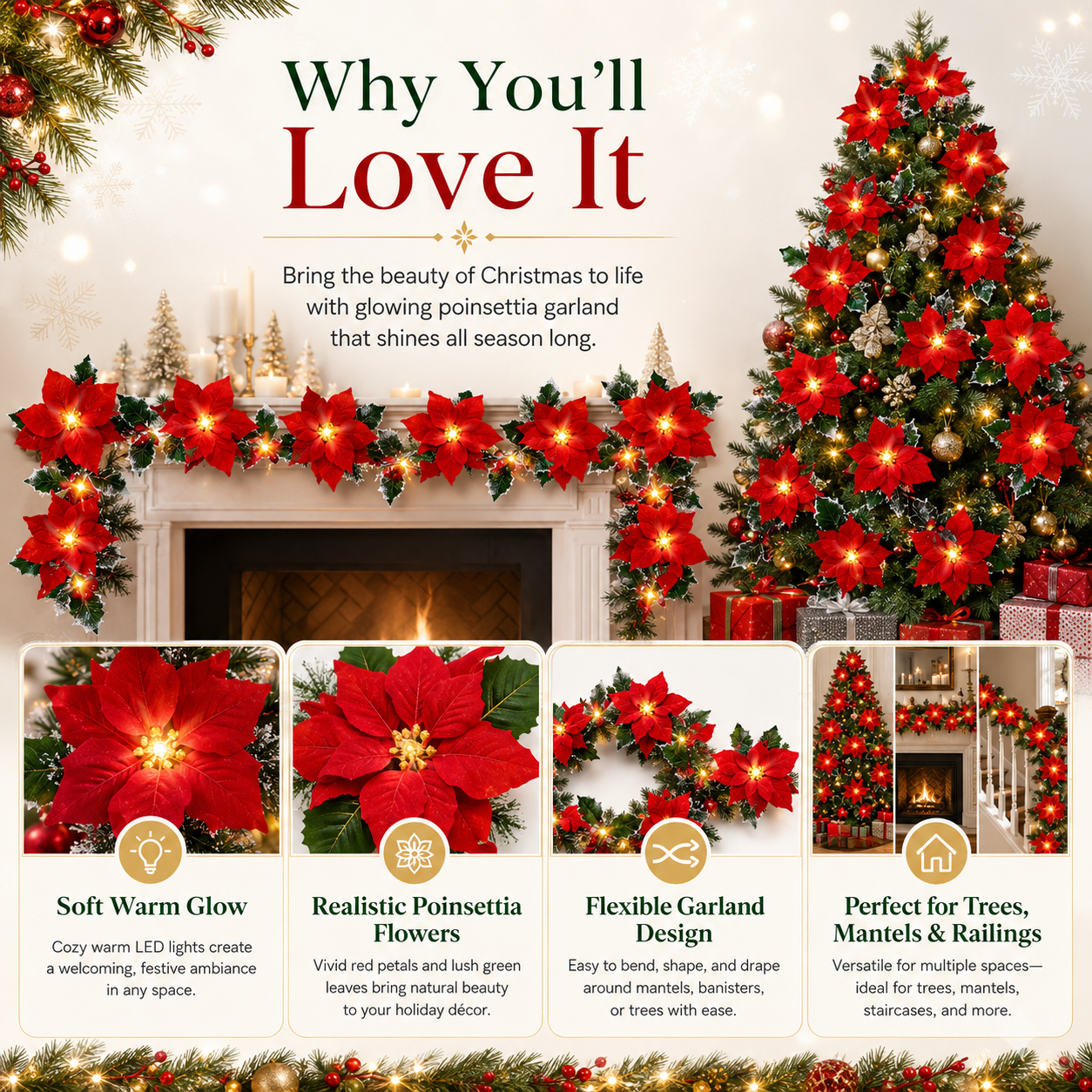 Poinsettia LED Garland Lights for Christmas Décor