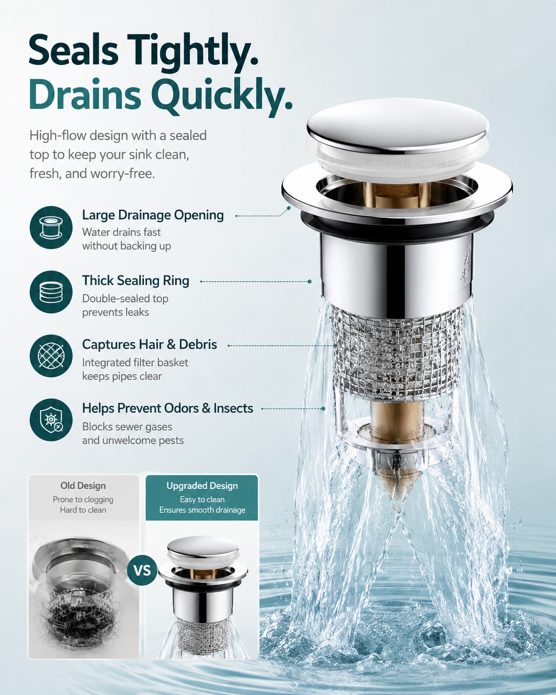 Upgraded Pop-Up Sink Drain Filter with Hair Catcher