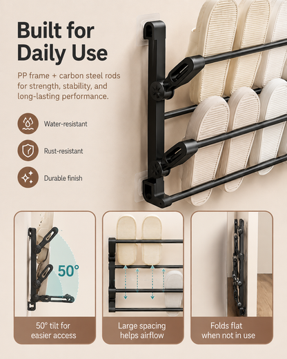 Wall-Mounted Foldable Slipper Rack | No-Drill Shoe Organizer