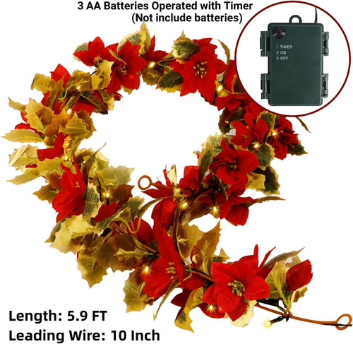 🎄 Red Poinsettia Christmas String Lights | LED Tree & Staircase Holiday Decor