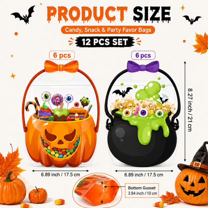 🎃 12-Pack Halloween Goodie Bags | Pumpkin & Cauldron Treat Bags🍭