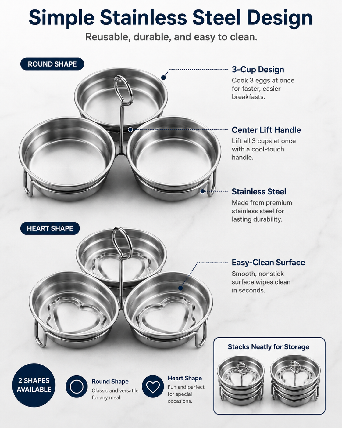 3-Cup Stainless Steel Egg Ring Set | Round & Heart Base