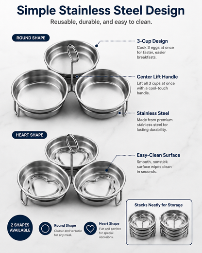 3-Cup Stainless Steel Egg Ring Set | Round & Heart Base