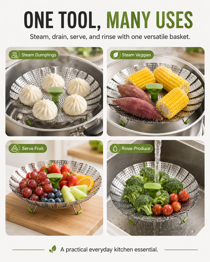 Expandable Stainless Steel Steamer Basket | Foldable Pot Insert