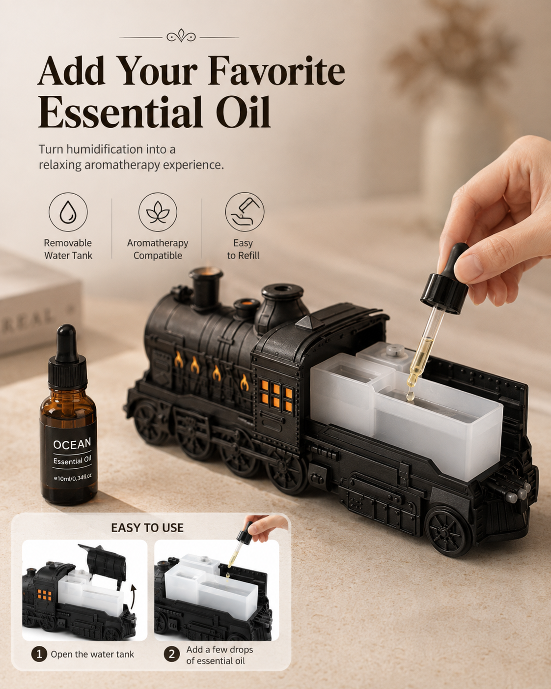 Vintage Train Aroma Diffuser with Jellyfish Mist & Remote Control