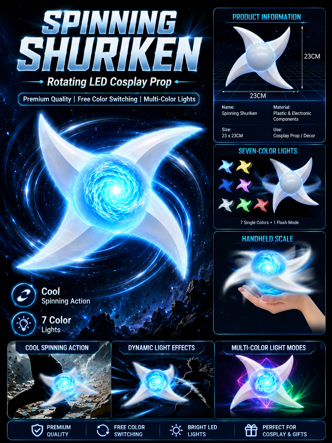 LED Spinning Light Blade – 7-Color Cosplay Prop