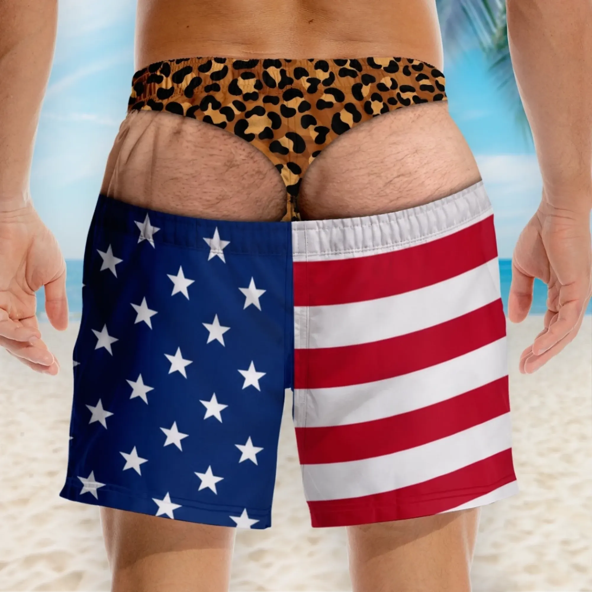 Close view of patriotic funny surprise swim trunks