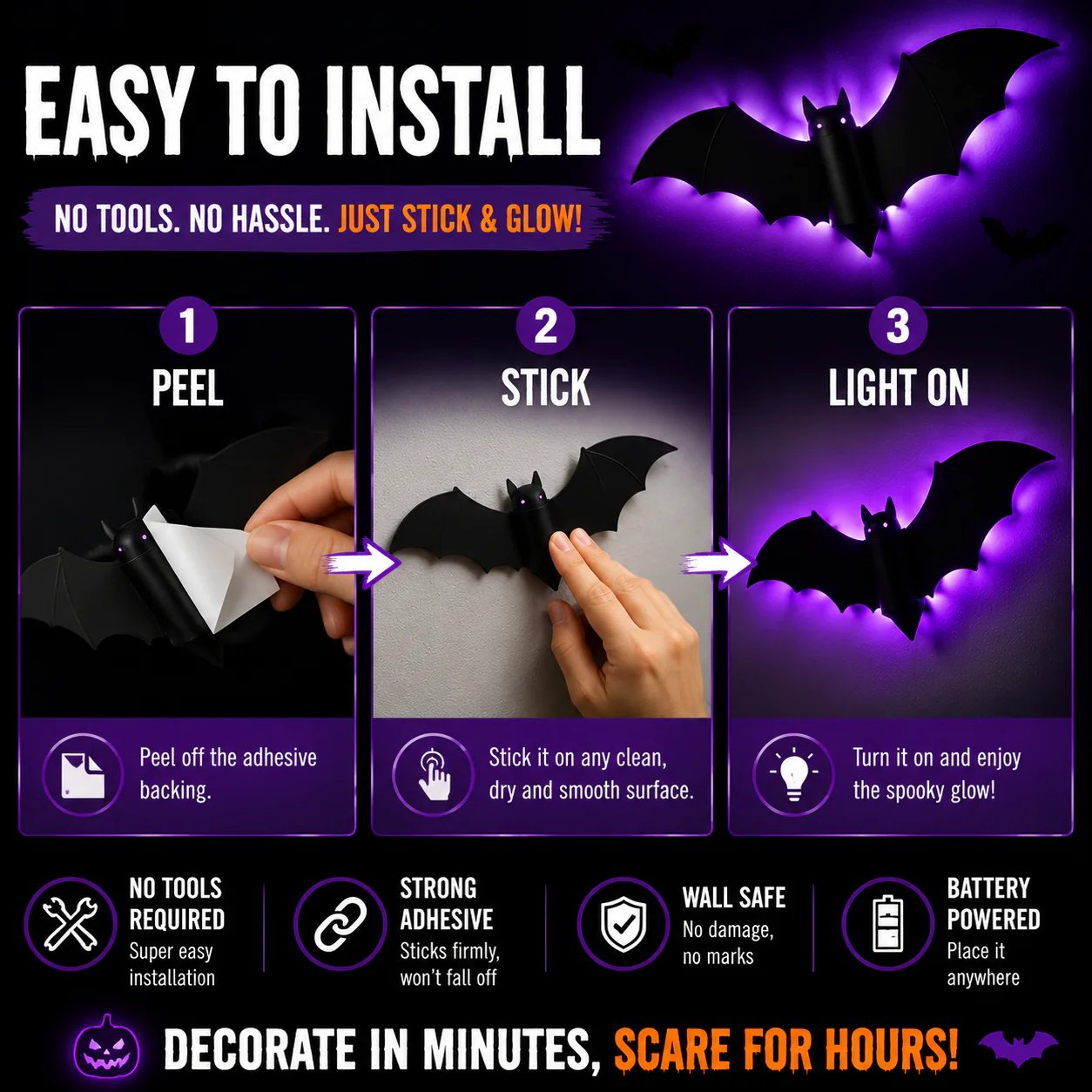 Halloween decorative items - 3D black bat wall stickers with LED lights