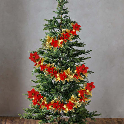 🎄 Red Poinsettia Christmas String Lights | LED Tree & Staircase Holiday Decor