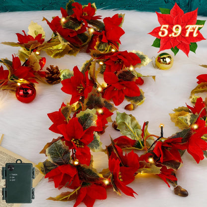 🎄 Red Poinsettia Christmas String Lights | LED Tree & Staircase Holiday Decor