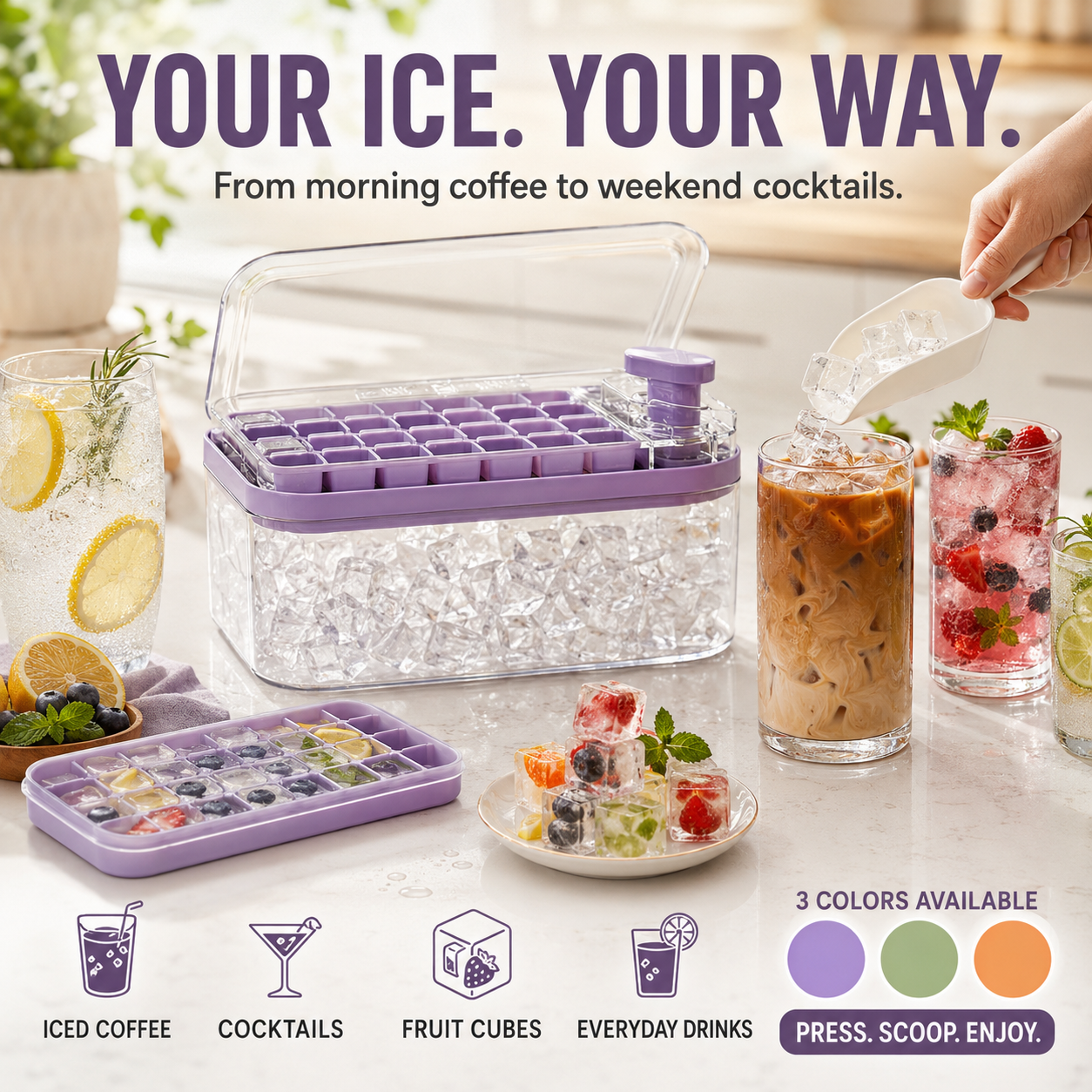 One-Press Ice Cube Tray with Storage Box | 32 Cubes