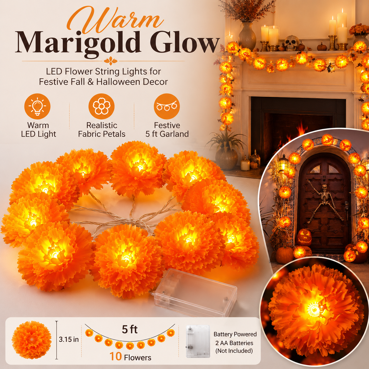 5 ft LED Marigold Flower String Lights for Fall & Halloween
