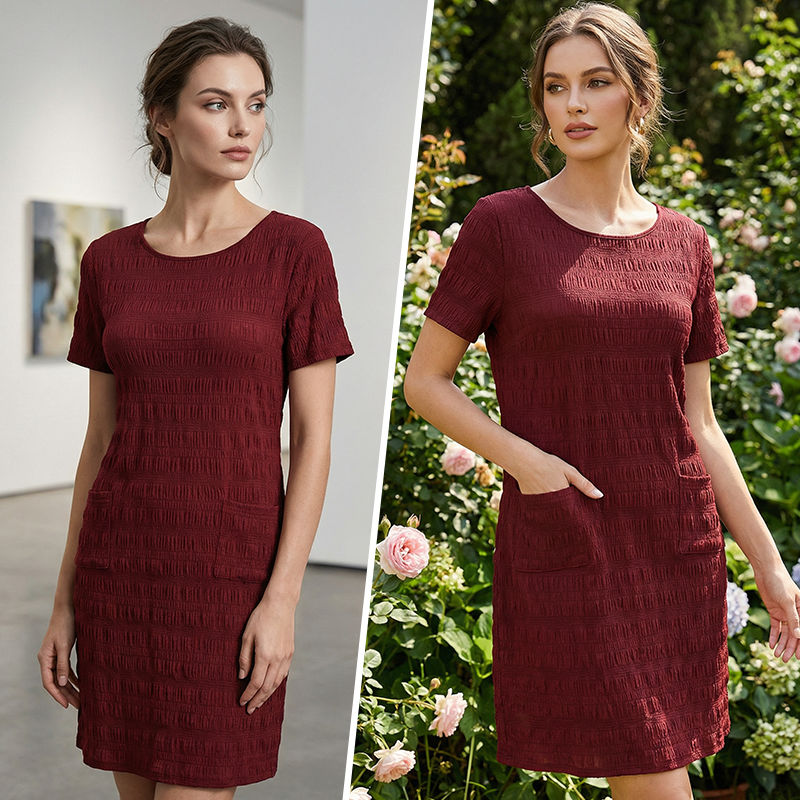 Women's Textured Knee-Length Crew-Neck Dress