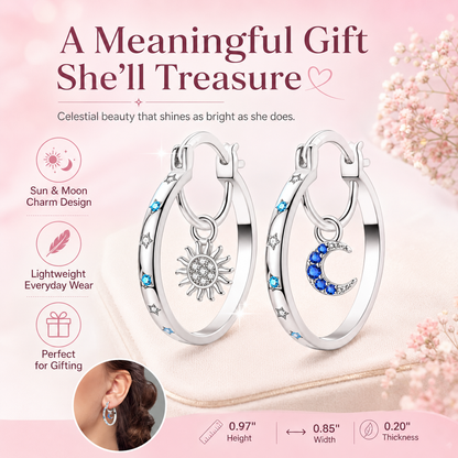 🌙 Celestial Sun & Moon Hoop Earrings – Dreamy Silver Blue Elegance